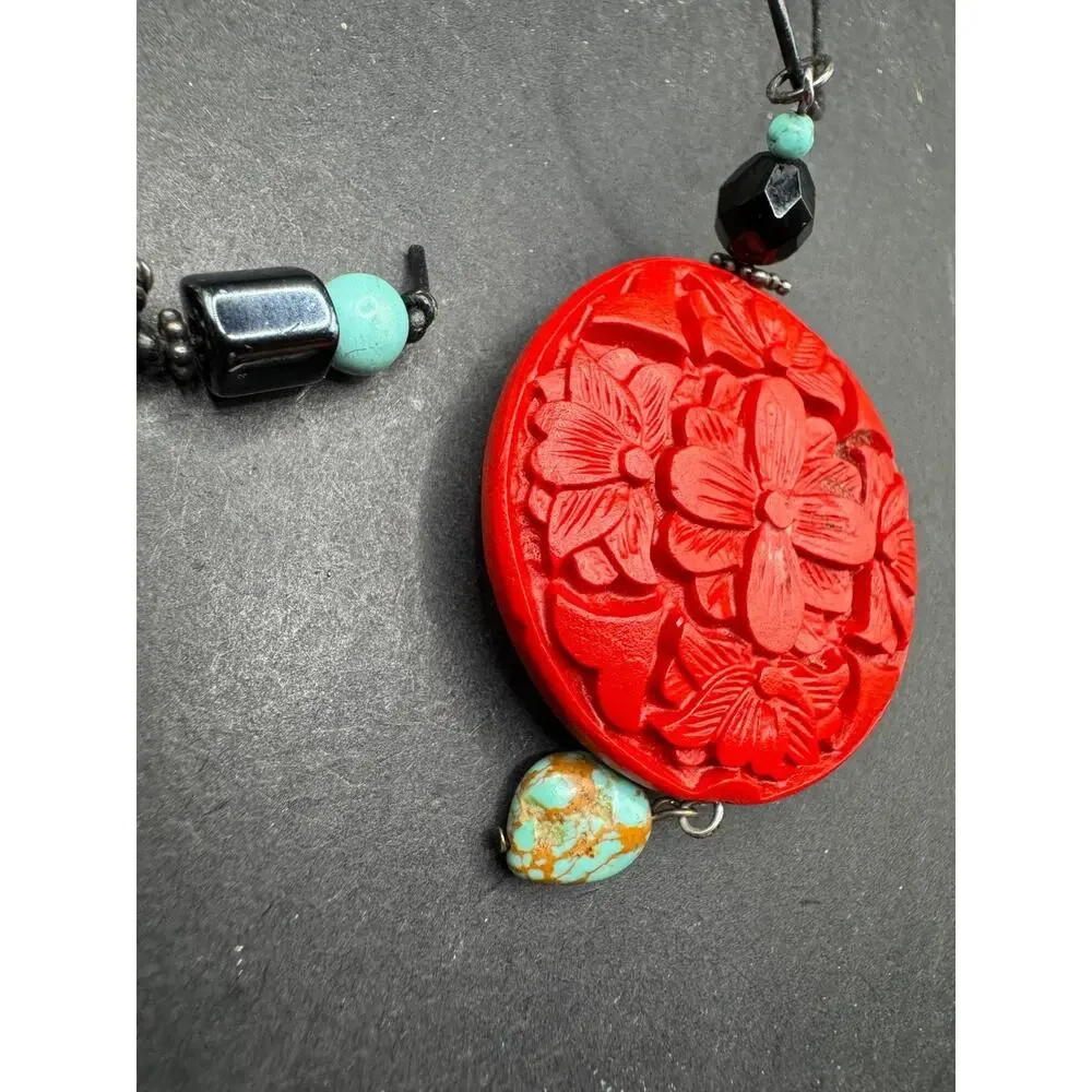 Vintage Red Carved Chinese Cinnabar Pendant Turquoise Glass Bead Necklace